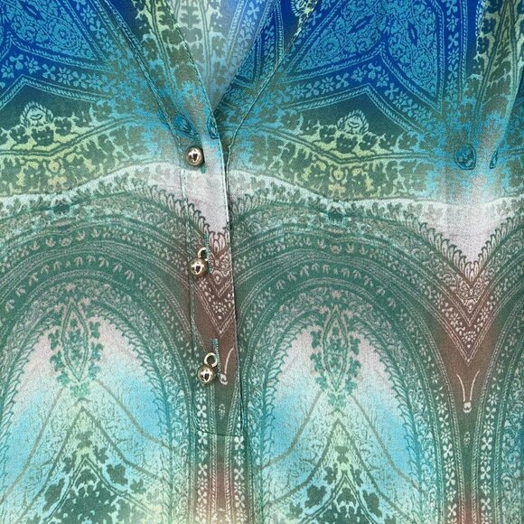 NWT Marciano paisley patterned green blue ombre long sleeve button neck top S - Picture 7 of 16